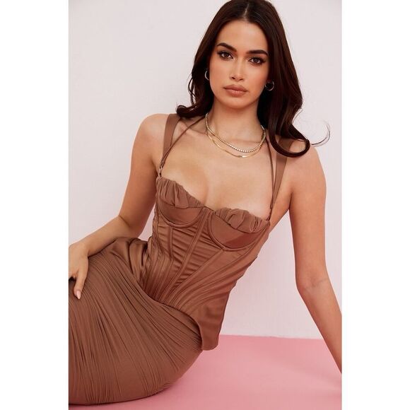 NWT House of CB Talya Corset Dress Nude Satin Mesh Midi Bodycon Size XS - Picture 6 of 13